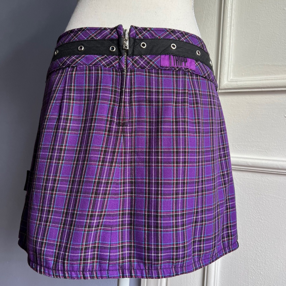 Y2K Vintage TRIPP Micro Mini Skirt Purple Plaid Pleated Reversible Metal Size XS - Picture 6 of 11